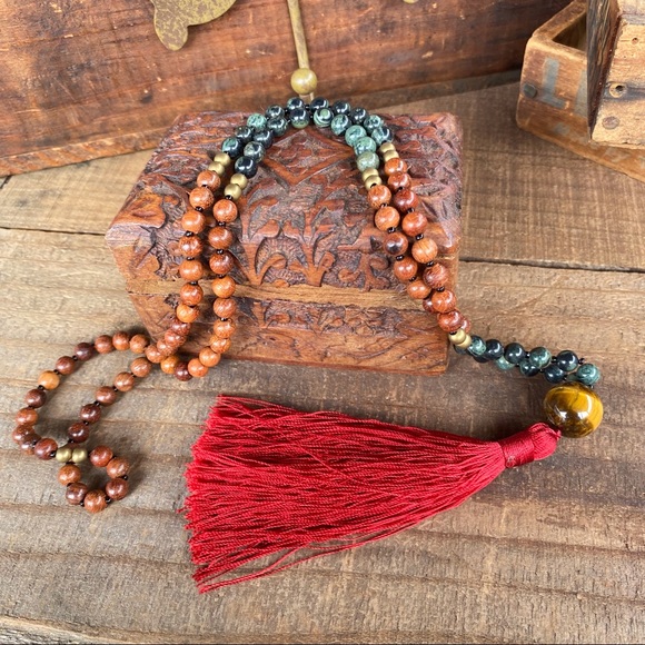 ✨GREEN JASPER/ROSEWOOD/TIGER EYE MALA NECKLACE - Picture 15 of 16